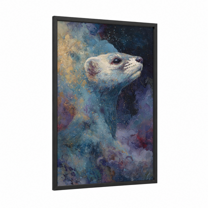 Cosmic Weasel framed art print — black wood frame — blue and gold palette