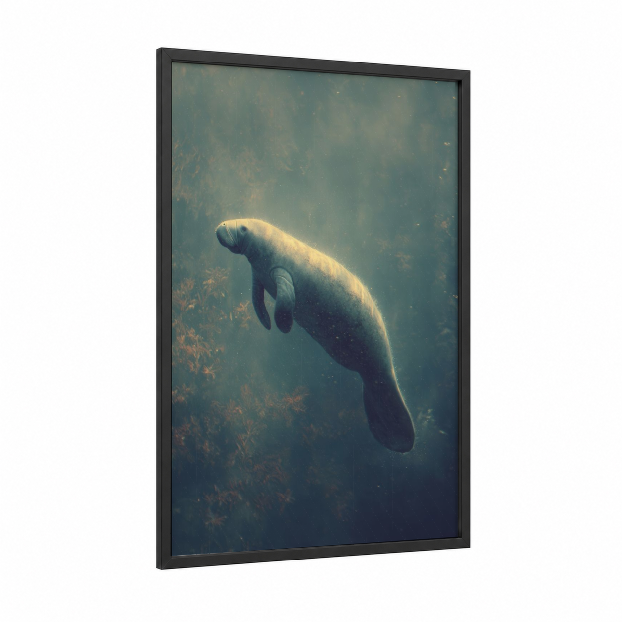 Gentle Manatee framed manatees print — black wood frame — teal and gold palette