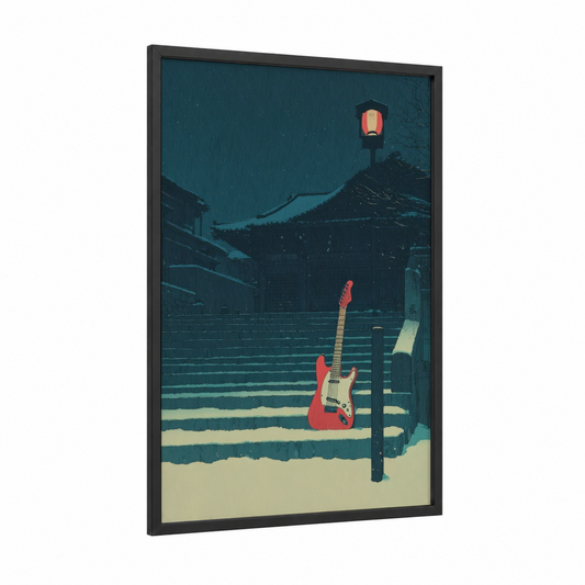Snowy Serenade framed electric guitar print — black wood frame — dark blue and cream palette