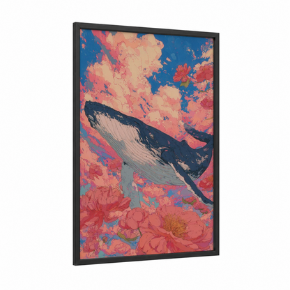 Floral Humpback Whale framed art print — black wood frame — salmon pink and royal blue palette