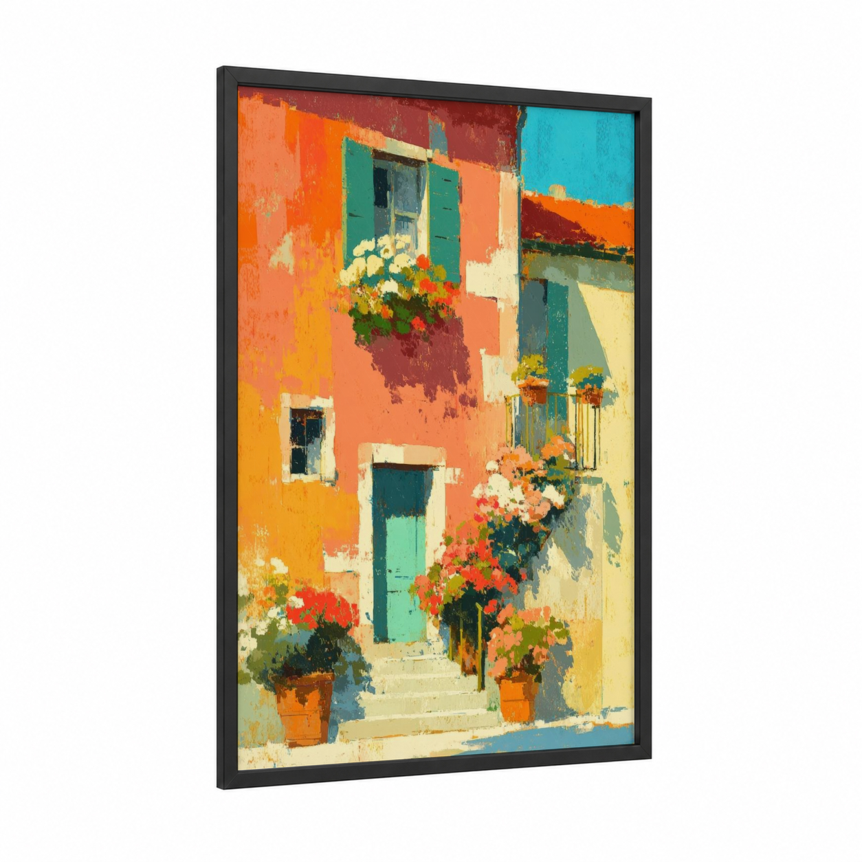 Vibrant Mediterranean House framed art print — black wood frame — orange and teal palette