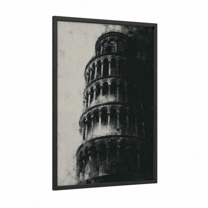 Leaning Tower Monochrome framed leaning tower of pisa print — black wood frame — black and white and gray palette