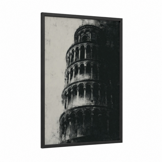 Leaning Tower Monochrome framed leaning tower of pisa print — black wood frame — black and white and gray palette
