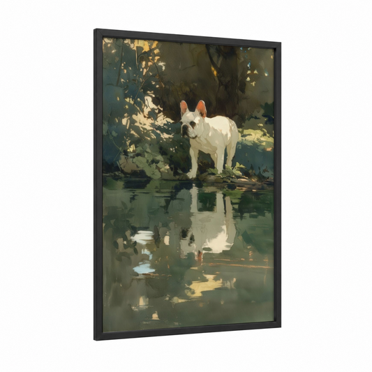 Waterside Bulldog framed art print — black wood frame — white and sage green palette