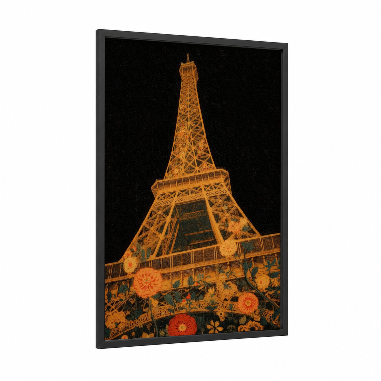 Golden Eiffel Tower framed art print — black wood frame — gold and black palette