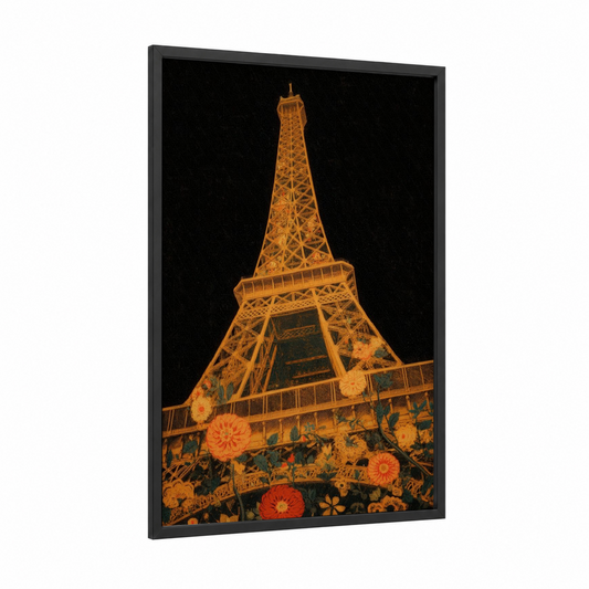 Golden Eiffel Tower framed art print — black wood frame — gold and black palette
