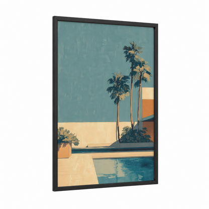 Poolside Palms framed tropical trees print — black wood frame — turquoise and gold palette