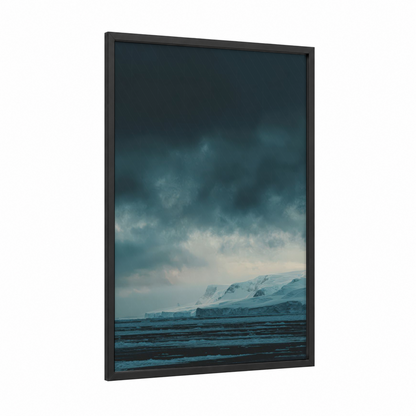 Frozen Shoreline framed glacier print — black wood frame — teal and gray palette