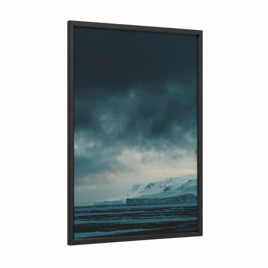 Frozen Shoreline framed glacier print — black wood frame — teal and gray palette
