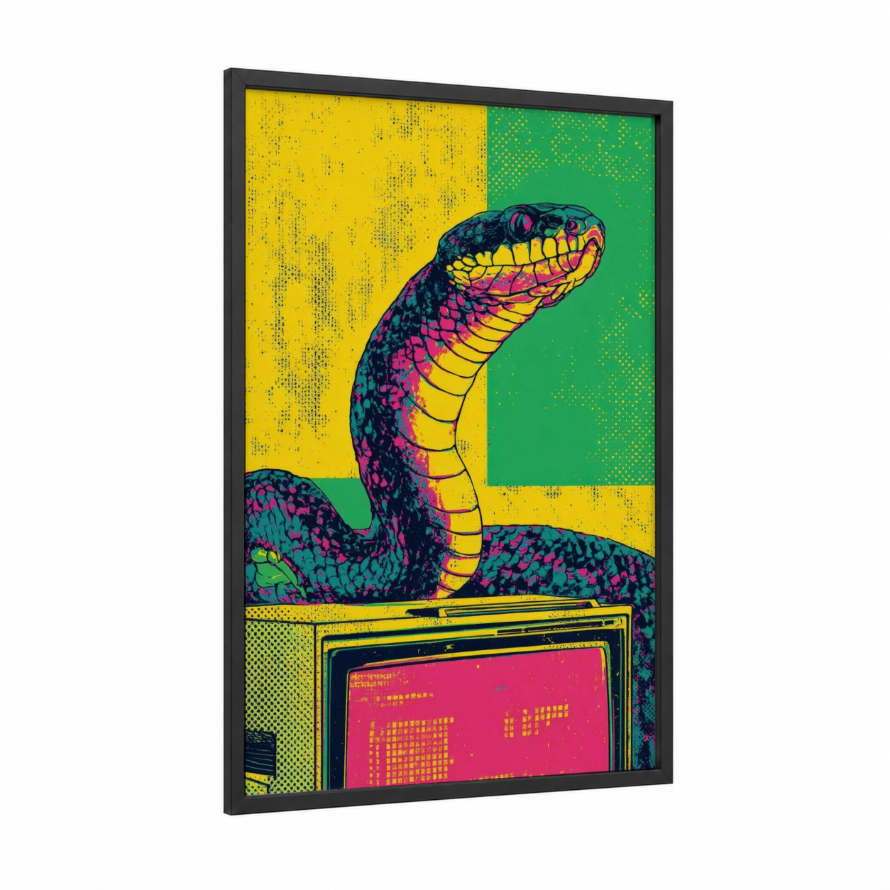 Neon Python framed art print — black wood frame — yellow gold and magenta palette