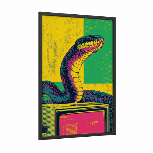 Neon Python framed art print — black wood frame — yellow gold and magenta palette