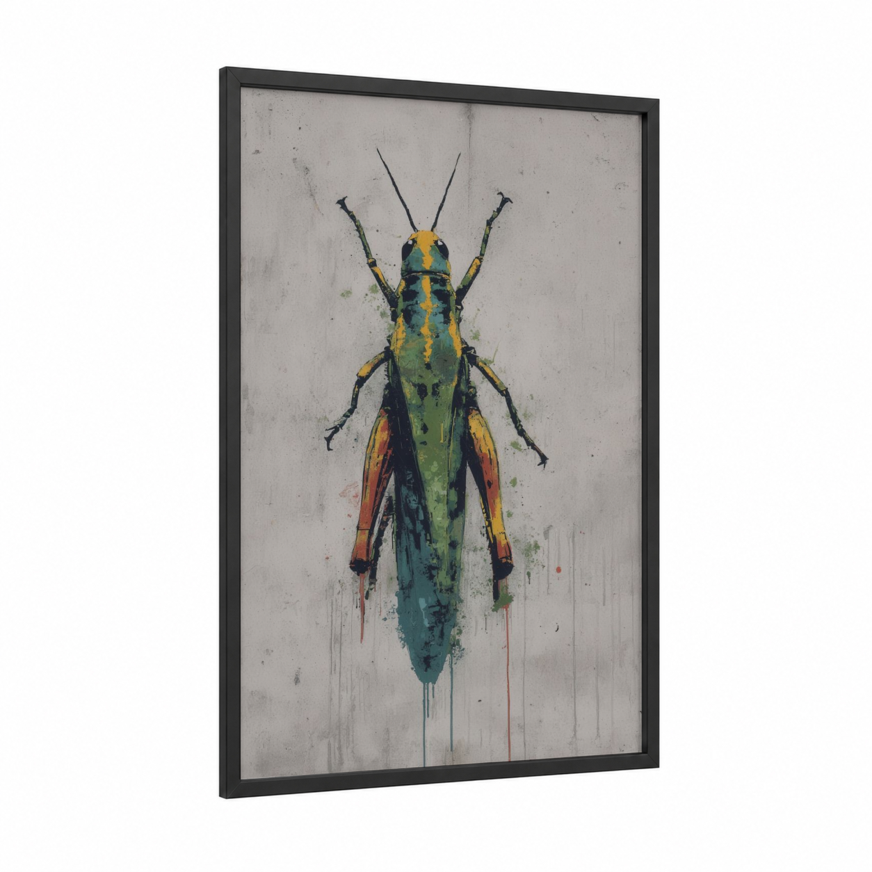 Vibrant Grasshopper framed art print — black wood frame — green and gold palette