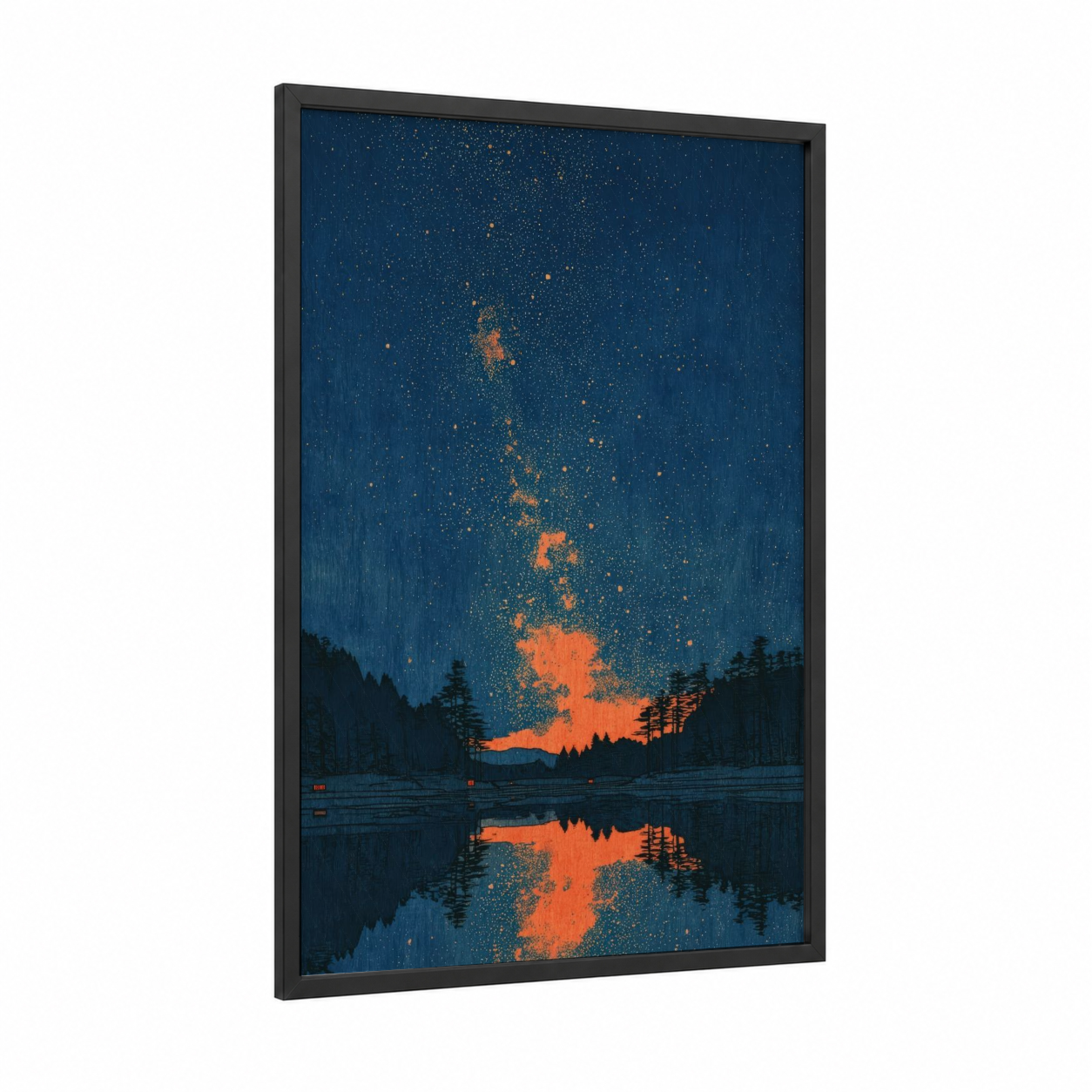 Cosmic Lakeside framed milky way print — black wood frame — dark blue and gold palette