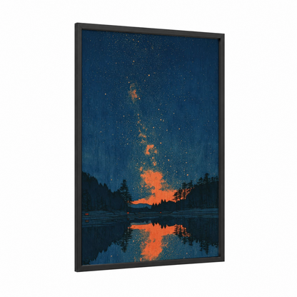 Cosmic Lakeside framed milky way print — black wood frame — dark blue and gold palette