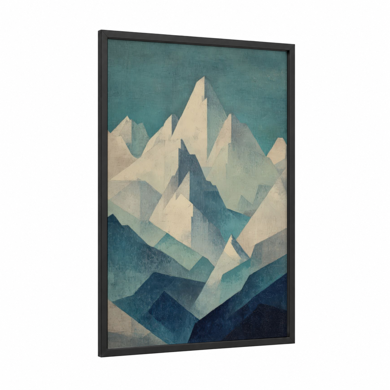 Snowy Peak framed snowy mountains print — black wood frame — teal and cream palette