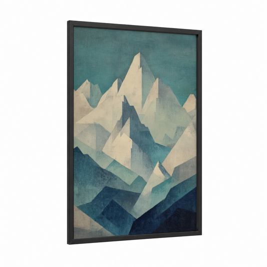 Snowy Peak framed snowy mountains print — black wood frame — teal and cream palette
