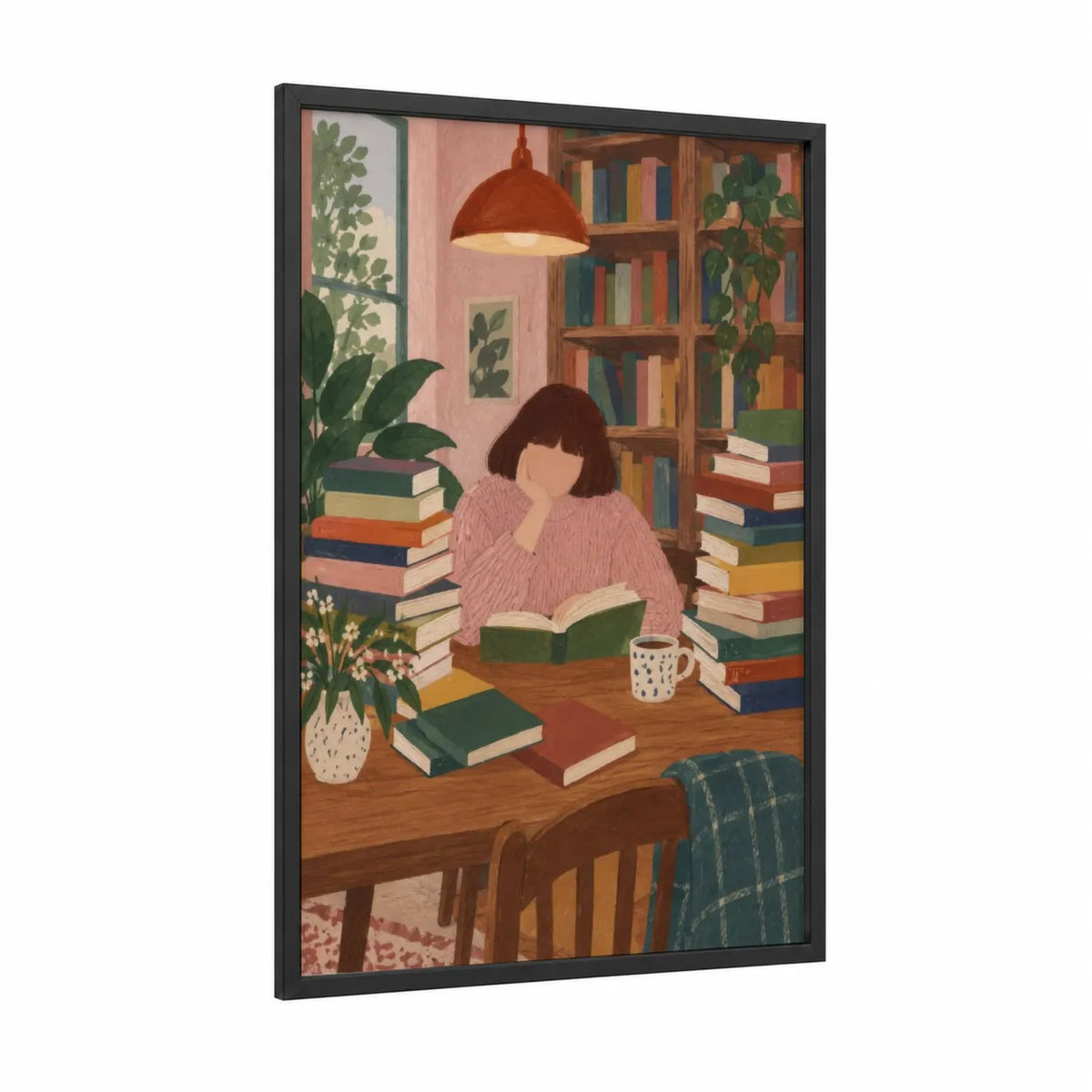 Reading Nook With Books And Plants Wall Art framed art print — black wood frame — peach and true green palette