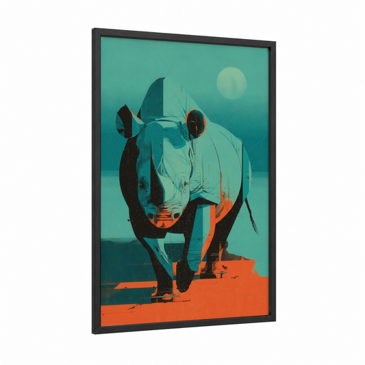 Geometric Rhino framed art print — black wood frame — teal and orange palette