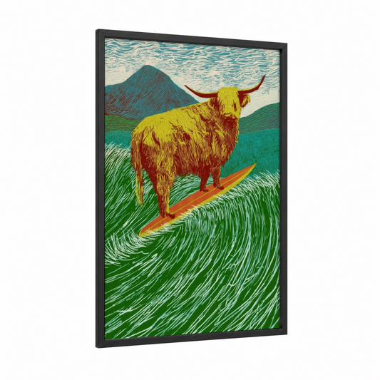 Alpine Highland Cattle framed highland cow print — black wood frame — yellow gold and red palette
