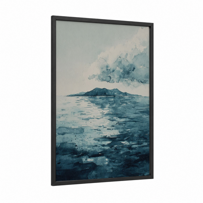 Misty Island Seascape framed seascapes and ocean print — black wood frame — blue and white and gray palette