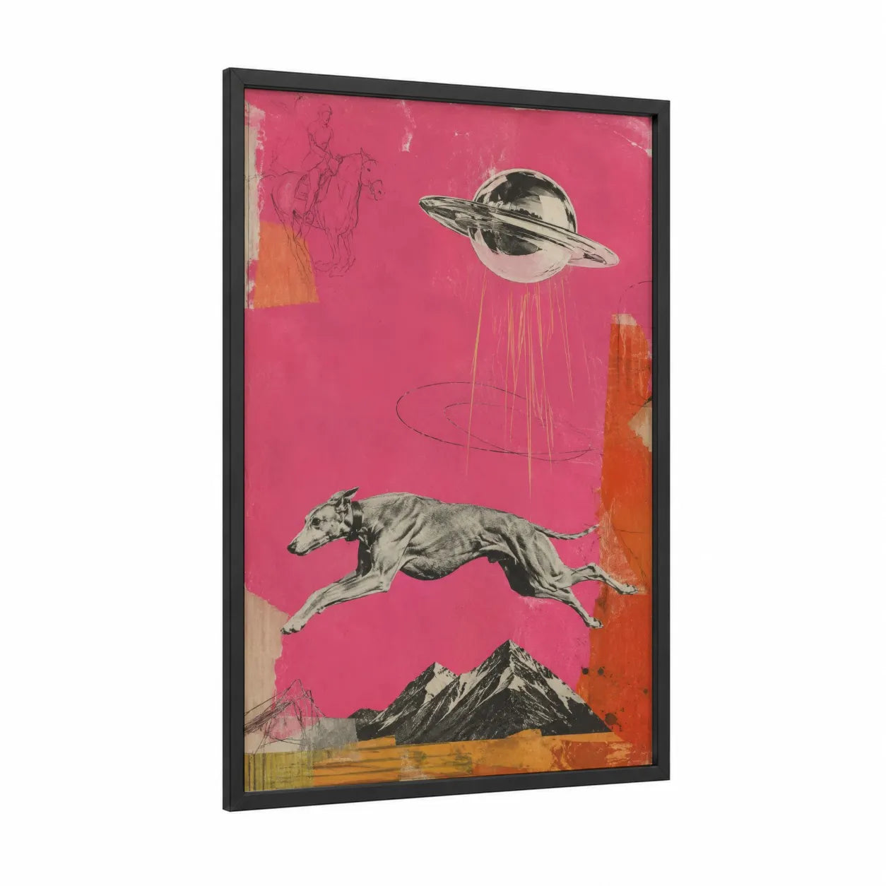 Surreal UFO Greyhound Mountain Wall Art framed art print — black wood frame — pink and orange palette