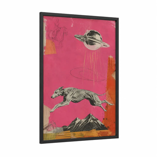 Surreal UFO Greyhound Mountain Wall Art framed art print — black wood frame — pink and orange palette