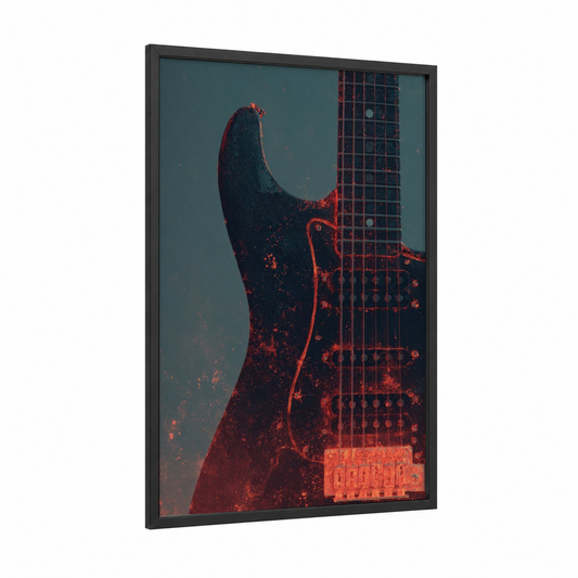 Fiery Electric Guitar framed rock'n roll print — black wood frame — red and teal palette