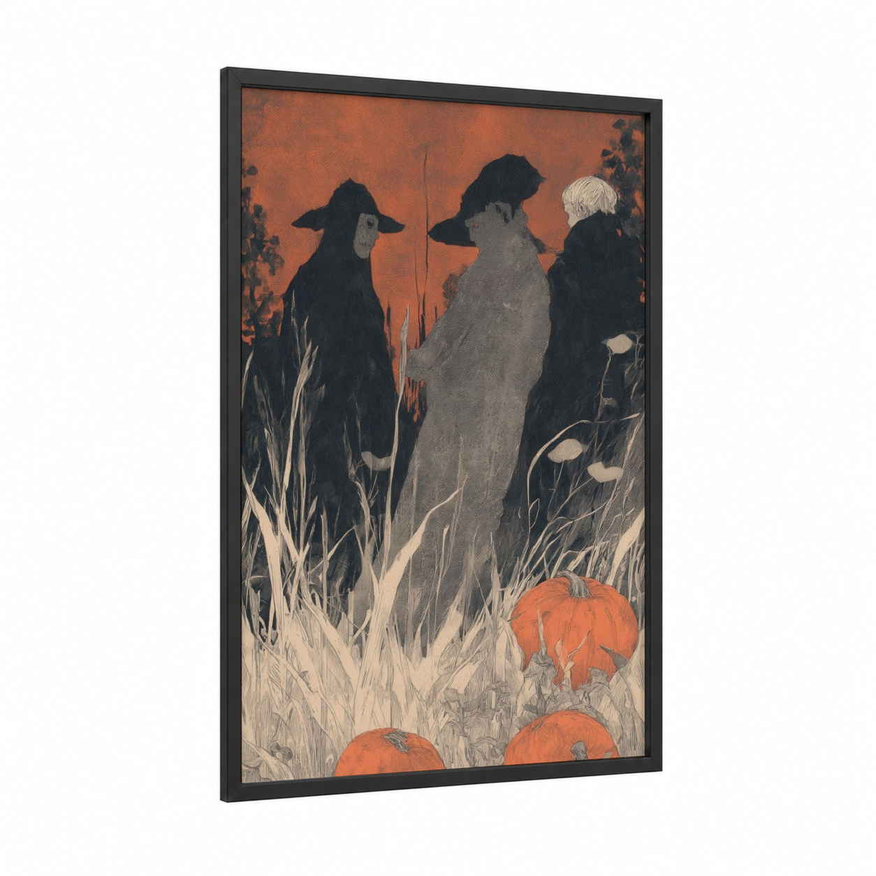 Harvest Witches framed wiccan print — black wood frame — russet and black palette