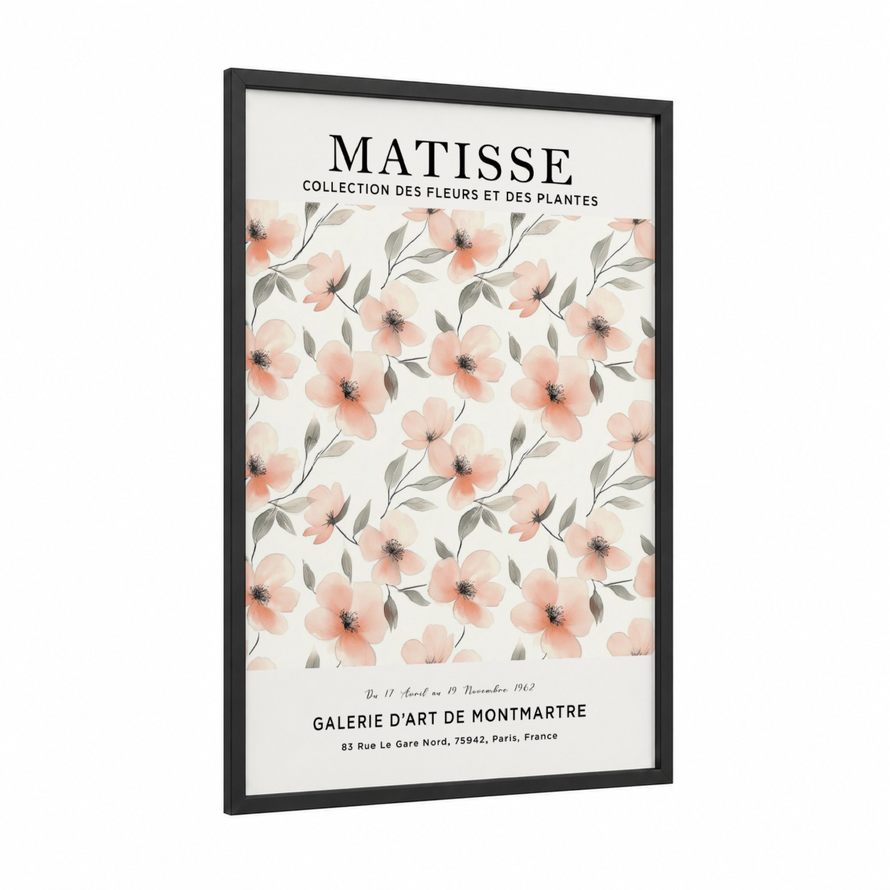Matisse Floral framed abstract flower print — black wood frame — peach and sage green palette