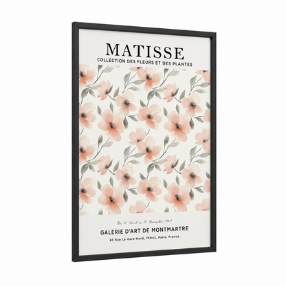 Matisse Floral framed abstract flower print — black wood frame — peach and sage green palette