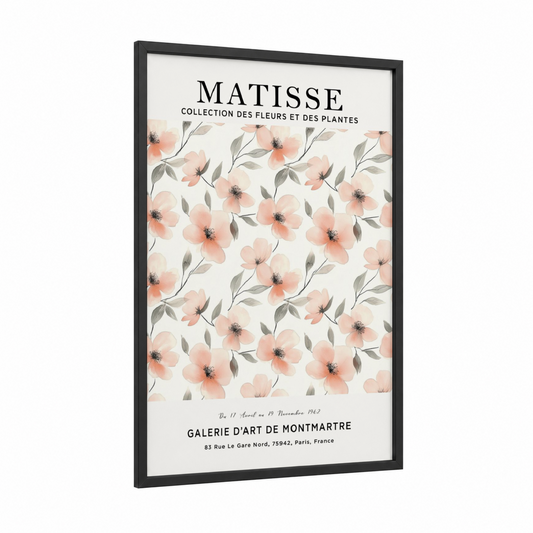 Matisse Floral framed abstract flower print — black wood frame — peach and sage green palette
