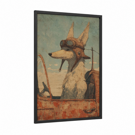 Steampunk Aviator Coyote framed art print — black wood frame — russet and beige palette