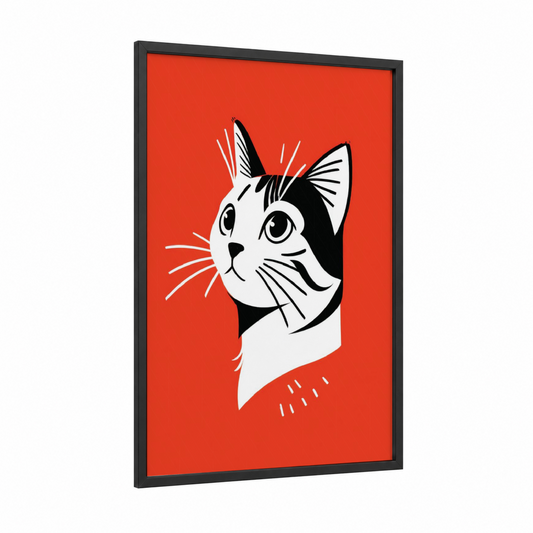 Curious Cat Portrait framed art print — black wood frame — red and black and white palette