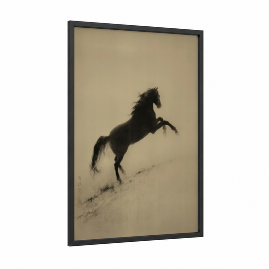 Rearing Quarter Horse framed art print — black wood frame — black and white and nobel palette