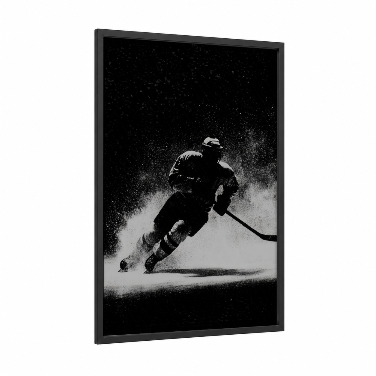 Snowy Ice Hockey framed art print — black wood frame — black and white palette