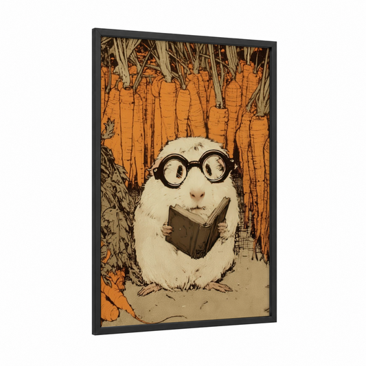 Bookish Guinea Pig framed art print — black wood frame — orange and cream palette