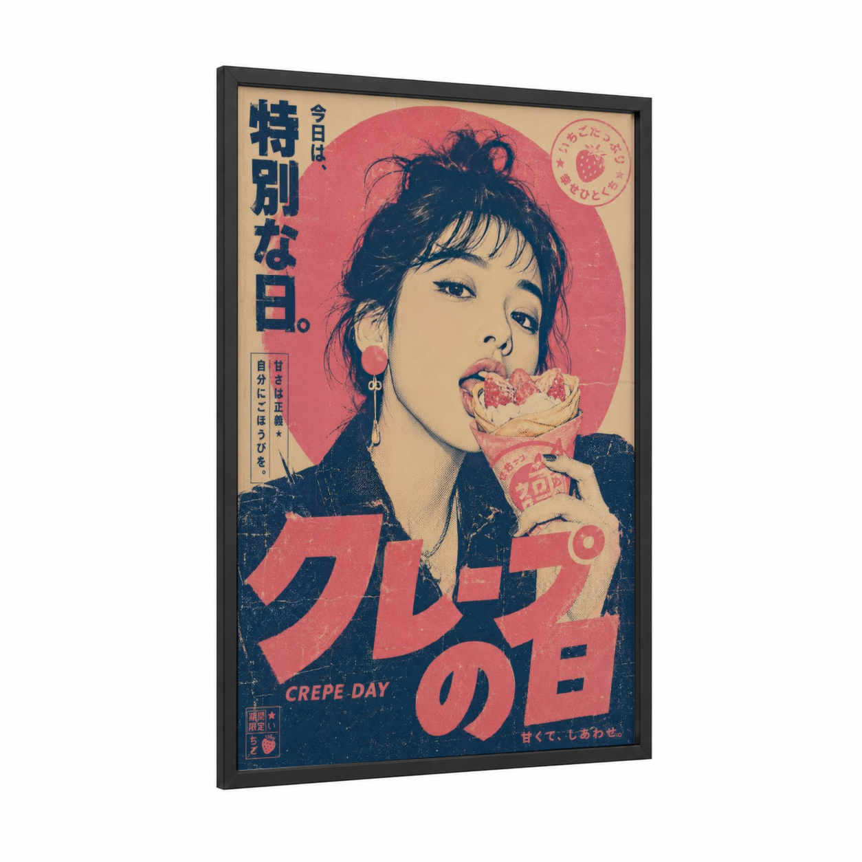 Japanese Retro Crepe Advertisement Wall Art framed fashion illustration print — black wood frame — pink and beige palette