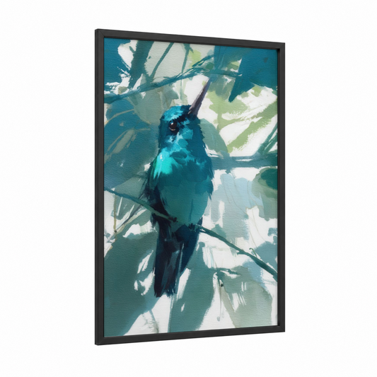 Turquoise Hummingbird framed art print — black wood frame — turquoise and light green palette