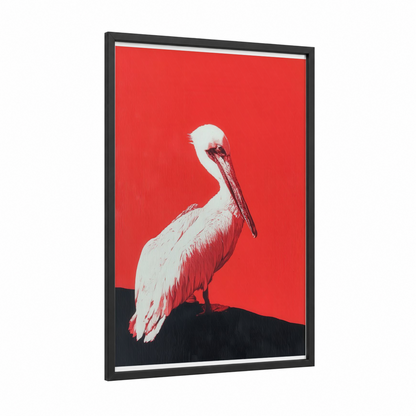 Crimson Pelican framed art print — black wood frame — red and white palette