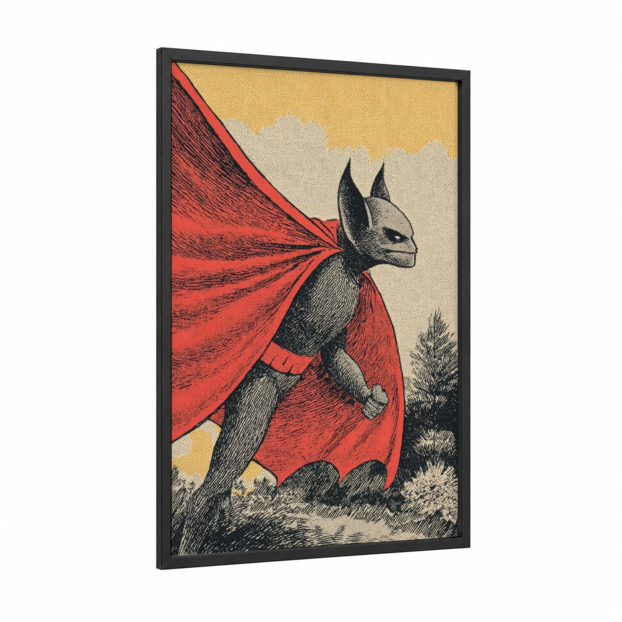 Superhero Bat framed art print — black wood frame — red and gold palette