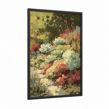 Desert Garden Bloom framed succulent print — black wood frame — sage green and cream palette
