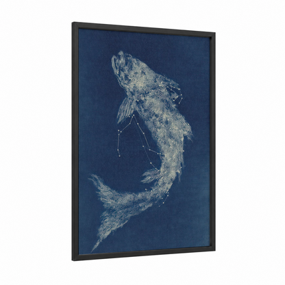 Celestial Tarpon framed art print — black wood frame — dark blue and white palette