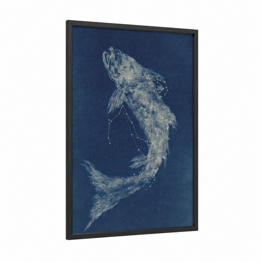 Celestial Tarpon framed art print — black wood frame — dark blue and white palette