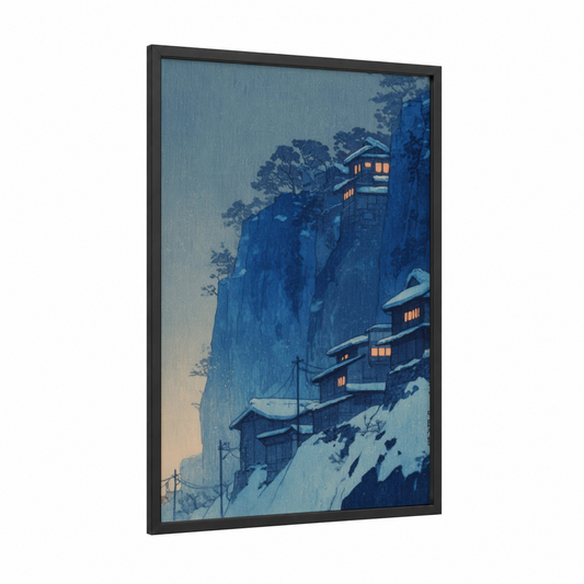 Snowy Cliff Dwelling framed art print — black wood frame — blue and gold palette