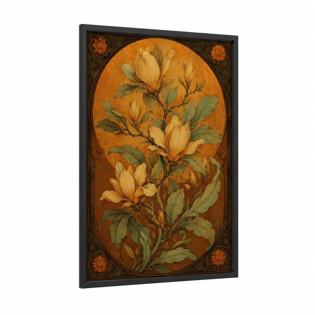 Vintage Magnolia Botanical Wall Art framed art print — black wood frame — gold and brown palette