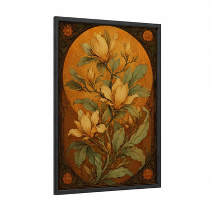 Vintage Magnolia Botanical Wall Art framed art print — black wood frame — gold and brown palette