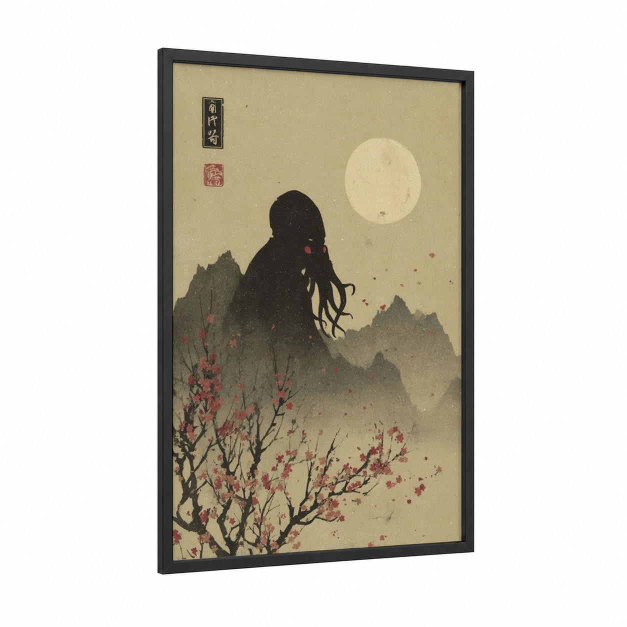 Moonlit Cthulhu framed art print — black wood frame — black and cream palette