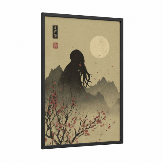 Moonlit Cthulhu framed art print — black wood frame — black and cream palette