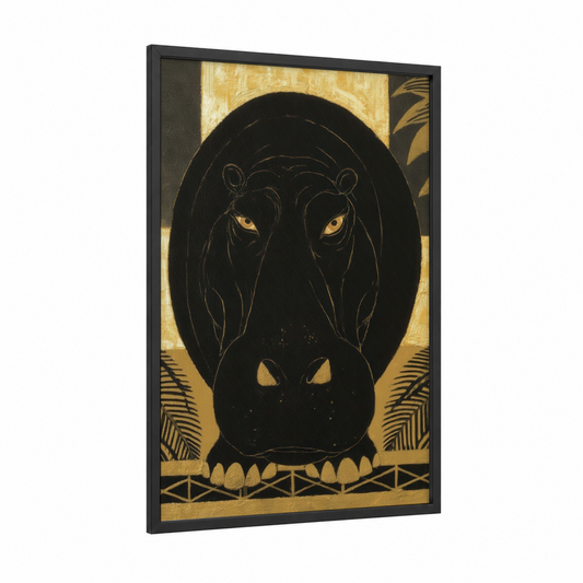 Golden Hippo framed art print — black wood frame — gold and black and gold palette