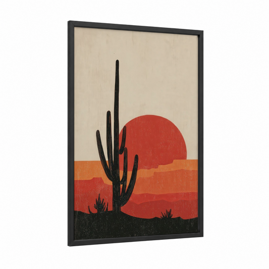 Desert Sunset Cactus framed art print — black wood frame — red and orange palette